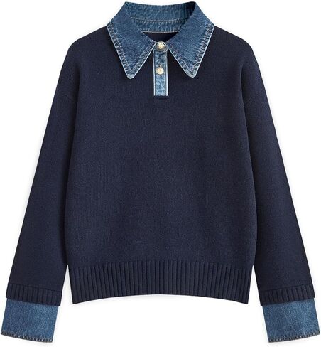 سترة نسائية 2 في 1 جينز لوحة صدر السترة مضلعة ضجة كبيرة الحجم الخامس بزر الأكمام طويلة الأكمام لأسفل أسطح السحب in Kuwait