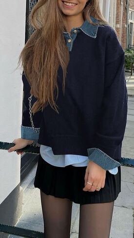 سترة نسائية 2 في 1 جينز لوحة صدر السترة مضلعة ضجة كبيرة الحجم الخامس بزر الأكمام طويلة الأكمام لأسفل أسطح السحب in Kuwait