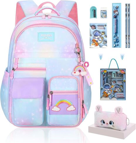 Kawaii Rainbow Backpack for Girls – Cute Starry School Bags for Kids & Teens with Plush Pen Case & 6-Piece Study Supplies Set, Children's Bookbag for Elementary – Pink 17inch in Saudi Arabia