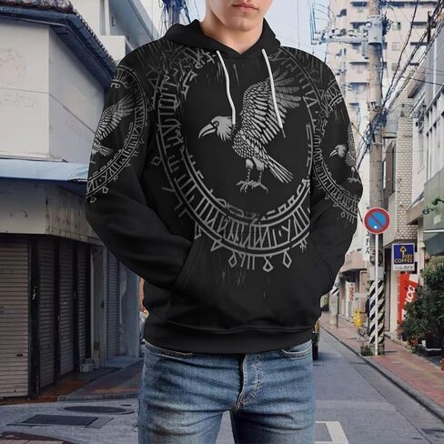 ENLACHIC Men's Viking Tattoo 3D Digital Print Hoodies Pullover Sweatshirt in Kuwait