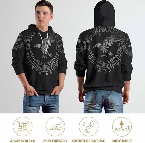 ENLACHIC Men's Viking Tattoo 3D Digital Print Hoodies Pullover Sweatshirt in Kuwait
