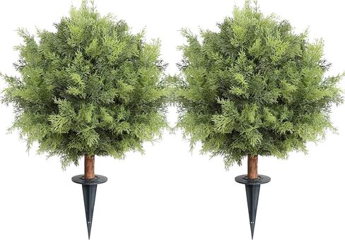شجيرة الكرة الاصطناعية مع سبايك ، 24inch فو بوكوود توبوود بول شجرة في الهواء الطلق (2Pack) in Kuwait