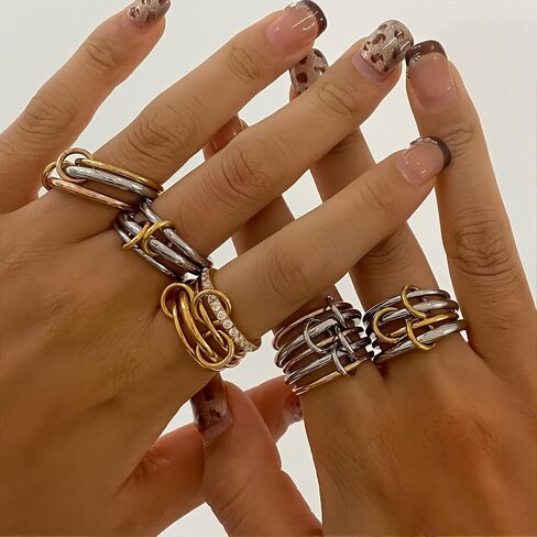 18K Gold & Silver Plated Interlocked Stackable Rings for Women,Statement Mixed Metals Multi Ring Stack- Chunky Thumb-Knuckle Band-Connected Bands Stacking Jewelry Gift-Dainty Pinky Wedding Bands-Interlocked Multi-Finger Design in Saudi Arabia