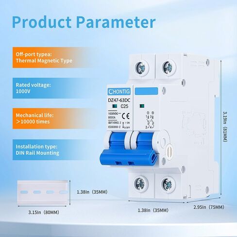 40 أمبير مصغرة قاطع دائرة DC 1000V 2 القطب ، مفتاح فصل الطاقة الشمسية الكهروضوئية مع رحلة مغناطيسية حرارية ، عزل جبل السكك الحديدية C40 in Kuwait