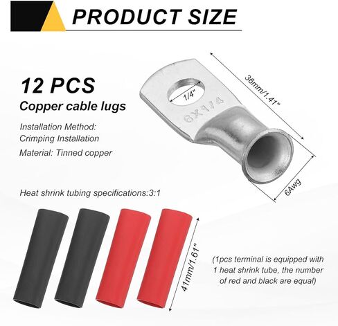 MECCANIXITY 4 قطع 4 AWG M6 أطراف حلقات البطارية، 1/4 بوصة 6 مم مسمار تجعيد سلك موصل نهاية النحاس، 3: 1 أنابيب انكماش الحرارة، فضي in Kuwait
