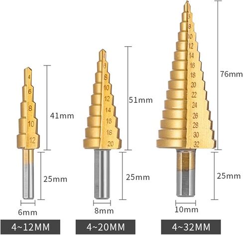 EVURU 6PCS HSS Steel Step Drill Bit Set 4-12/20/32mm Metal Hole Wood Cone Core Drilling 3,6,8 Saw Drill, 6PCS(With Box) in Saudi Arabia