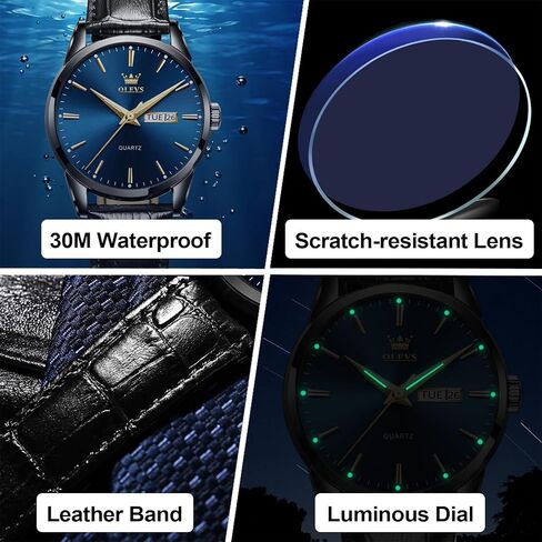 Men's Watch, Business Casual Leather Band Analog Quartz Watch with Day Date Display, Luxury Fashion Easy to Set and Read Waterproof Luminous Wrist Watch for Men in Kuwait