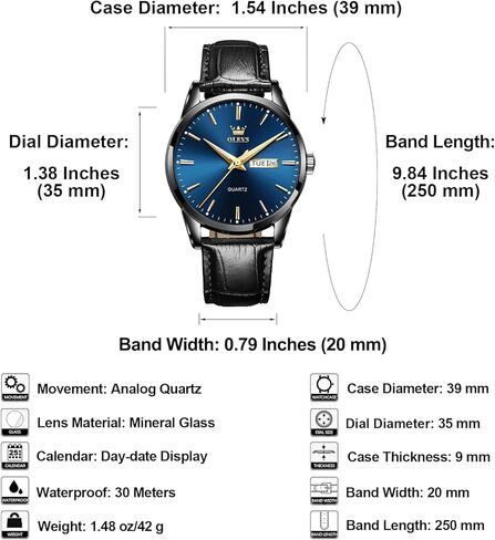Men's Watch, Business Casual Leather Band Analog Quartz Watch with Day Date Display, Luxury Fashion Easy to Set and Read Waterproof Luminous Wrist Watch for Men in Kuwait