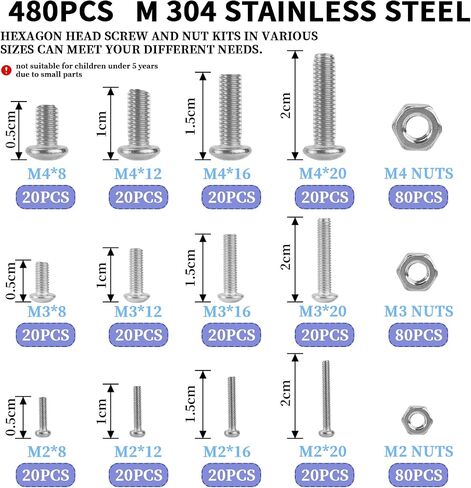 480pcs M2 M3 M4 304 Stainless Steel Metric Screws Assortment Button Head Socket Cap Head Screws Bolts with Nuts Assortment Kit with Box in Saudi Arabia