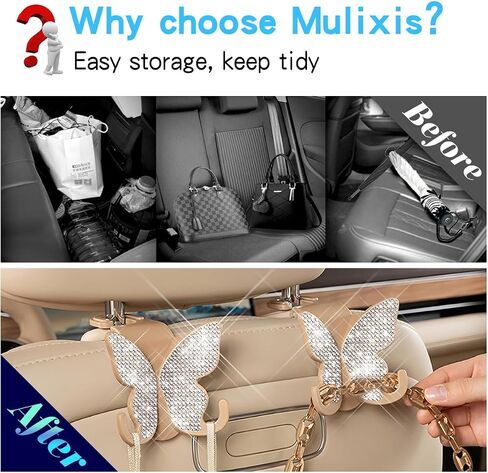 2 Pack Butterfly Bling Car Seat Headrest Hooks for Purses and Bags Aesthetic Design Car Hooks Rhinestones Hanger for Car Back Seat Organizer Storage Hook Bling Black Car Accessories for Women in Kuwait