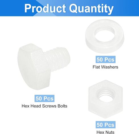 uxcell 150 Pcs/50 Sets Nylon Hex Bolts, M4 x 35mm Plastic Full Threaded Hex Head Screws Bolts and Nuts with Flat Washers for Machinery Electronics Industrial Accessories, White in Saudi Arabia