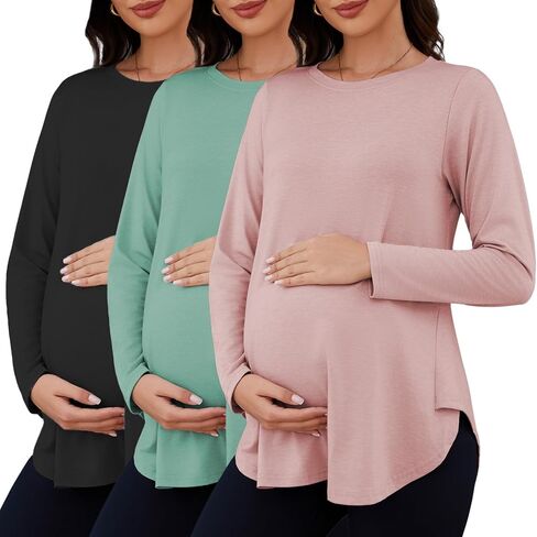 Liu & Qu 3 Packs Womens Maternity Shirts Split Side Long Sleeve Pregnancy Tops Loose Fit Casual Maternity Clothes in Saudi Arabia