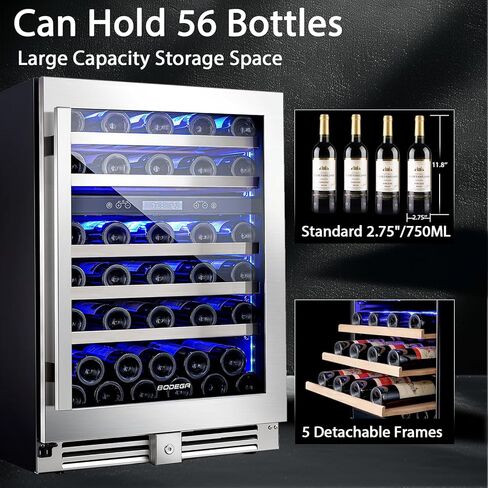 Bodega 56 Bottles Booder Booder ، 24 Int Dual Dual Wine Bridge مع باب زجاجي مزدوج الطبقة ، ثلاجة برودة النبيذ مع التحكم في درجة الحرارة الرقمية وذاكرة درجة الحرارة ، وبرودة النبيذ للمنزل. in Kuwait