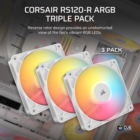 Corsair RS120-R Argb 120mm PWM Argb Reverse Compans-Resever Rotor ، +5V Argb Connections ، ثمانية LEDs RGB ، وضغط ثابت عالي ، وسلسلة ديزي ، وحمل القبة المغناطيسية ، ووضع صفر RPM-حزمة ثلاثية-أبيض in Saudi Arabia