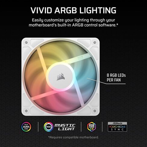 Corsair RS120-R Argb 120mm PWM Argb Reverse Compans-Resever Rotor ، +5V Argb Connections ، ثمانية LEDs RGB ، وضغط ثابت عالي ، وسلسلة ديزي ، وحمل القبة المغناطيسية ، ووضع صفر RPM-حزمة ثلاثية-أبيض in Saudi Arabia