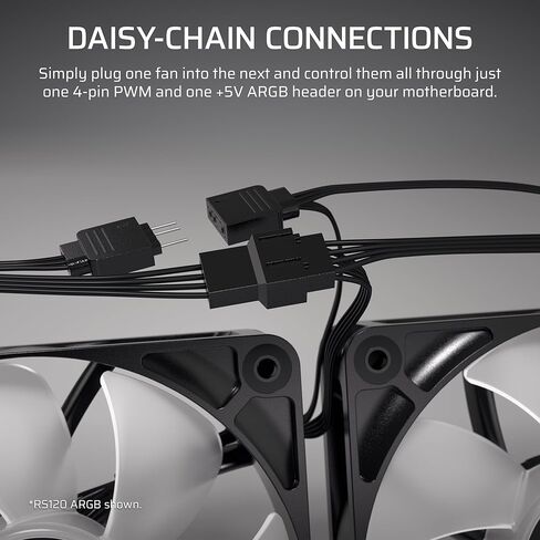 Corsair RS120-R Argb 120mm PWM Argb Reverse Compans-Resever Rotor ، +5V Argb Connections ، ثمانية LEDs RGB ، وضغط ثابت عالي ، وسلسلة ديزي ، وحمل القبة المغناطيسية ، ووضع صفر RPM-حزمة ثلاثية-أبيض in Saudi Arabia