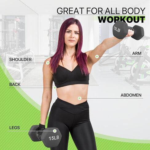 مجموعة الأوزان اليدوية المغلفة بالنيوبرين-8 رطل ، 10 رطل ، 12 رطل ، 15 رطل لتدريب القوة ، التدريبات المنزلية واللياقة الكاملة ، شكل سداسية ومسبحة غير قابلة للانزلاق in Kuwait