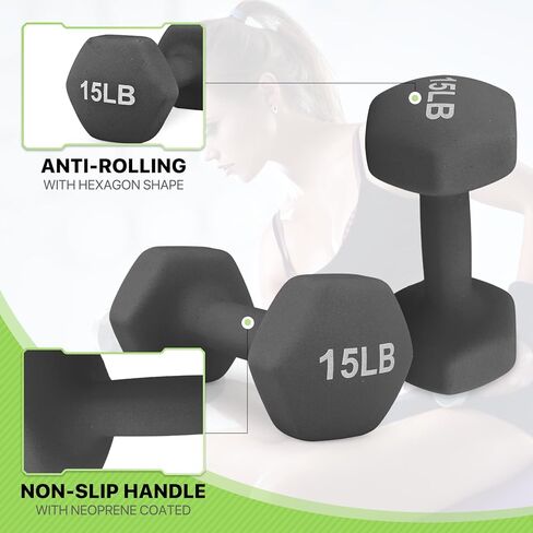 مجموعة الأوزان اليدوية المغلفة بالنيوبرين-8 رطل ، 10 رطل ، 12 رطل ، 15 رطل لتدريب القوة ، التدريبات المنزلية واللياقة الكاملة ، شكل سداسية ومسبحة غير قابلة للانزلاق in Kuwait