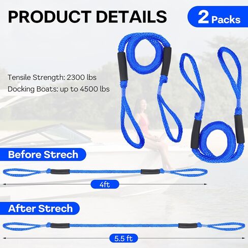 4 ft Bungee Dock Lines for Boats - 2 PCS Boat Bungee Dock Lines, Marine Mooring Rope Accessory, Ideal Boating Gift, Perfect for Kayak, Jet Ski, Pontoon, Canoe, Power Boat, Wave Runner, Dinghy (Blue) in Saudi Arabia