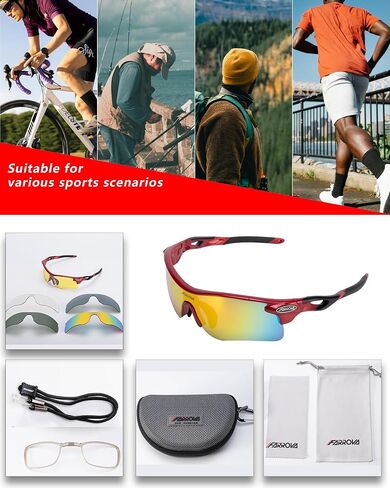 Polarized Sports Sunglasses with 5 Interchangeable Lenses for Men & Women, UV400 Protection Sports glasses Glasses for Cycling, Running, Golf, Baseball, Driving – Lightweight & Anti-Glare (Red) in Saudi Arabia