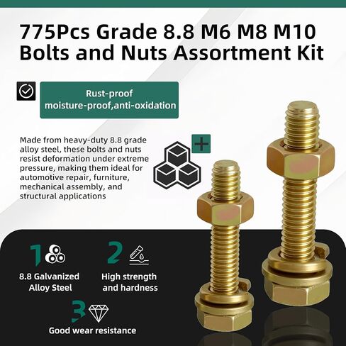 775pcs الصف 8.8 M6 M8 M10 البراغي والمكسرات مجموعة تشويش ، ومسامير سداسية الفولاذ من سبيكة الثقيلة ، تشمل 16 أحجام شائعة in Saudi Arabia