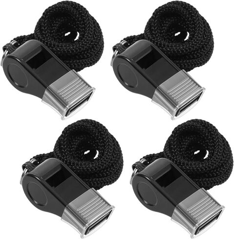 Black Sports Whistle with Lanyard, Plastic Sports Whistles Coach Whistle Loud Crisp Sound Whistles with PVC Mouth Grip for Coaches, Referees, Officials and Emergency Survival, 4 Packs in Saudi Arabia