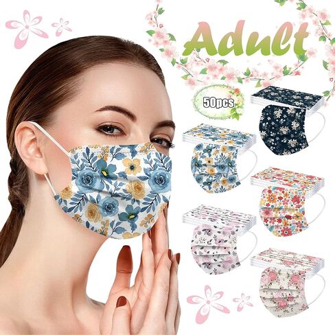 Boffo 50 Pack Spring Flowers Face_masks مع 3 طبقة مرشح للوجه مع إيرلوب مرن ، قابل للتنفس مع طباعة الأزهار للبالغين (50pcs يمكن التخلص منها ، الأزهار رقم 14) in Saudi Arabia