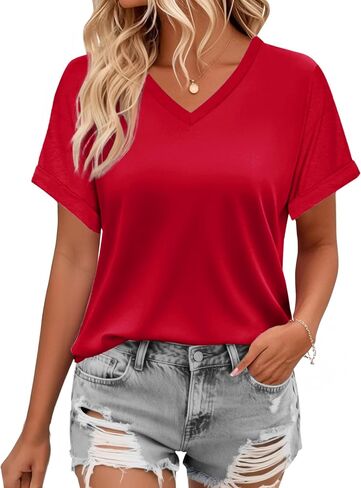 YUCOLEN Womens Short Sleeve V-Neck Shirts UPF 50+ Beach Vacation Casual Summer Loose Fit Tops 2025 in Saudi Arabia