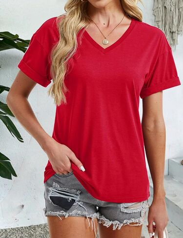 YUCOLEN Womens Short Sleeve V-Neck Shirts UPF 50+ Beach Vacation Casual Summer Loose Fit Tops 2025 in Saudi Arabia