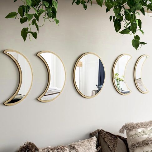 Stylish Moon Phase Wall Mirrors Set – 5-Piece Decorative Acrylic Bohemian Mirrors for Home Decor, Living Room & Bedroom Room(RAW) in Saudi Arabia