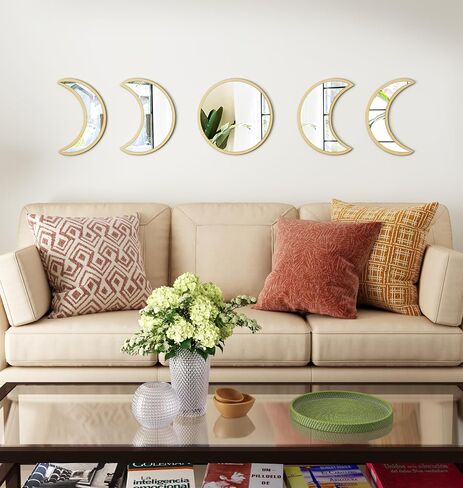 Stylish Moon Phase Wall Mirrors Set – 5-Piece Decorative Acrylic Bohemian Mirrors for Home Decor, Living Room & Bedroom Room(RAW) in Saudi Arabia
