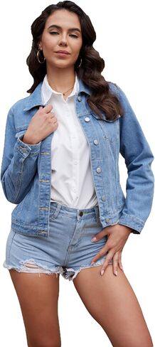 J.Corrine Women's Denim Jacket الأكمام الطويلة زر أسفل كوخ سترة جان مع جيوب in Saudi Arabia