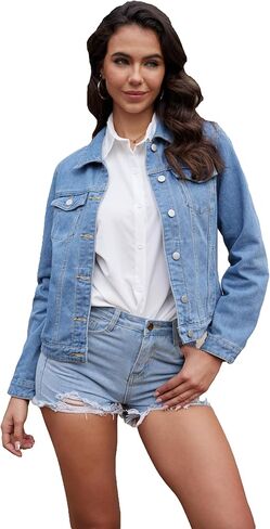 J.Corrine Women's Denim Jacket الأكمام الطويلة زر أسفل كوخ سترة جان مع جيوب in Saudi Arabia