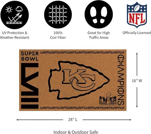 Team Sports America NFL Kansas City Chiefs Superbowl 58 Championship Natural Coir Promat | 28 × 16 بوصة | غير الانزلاق | الباب الأمامي ترحيب الحصير | ديكور المنزل الداخلي في الهواء الطلق in Kuwait