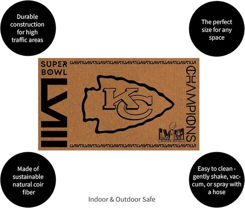 Team Sports America NFL Kansas City Chiefs Superbowl 58 Championship Natural Coir Promat | 28 × 16 بوصة | غير الانزلاق | الباب الأمامي ترحيب الحصير | ديكور المنزل الداخلي في الهواء الطلق in Kuwait