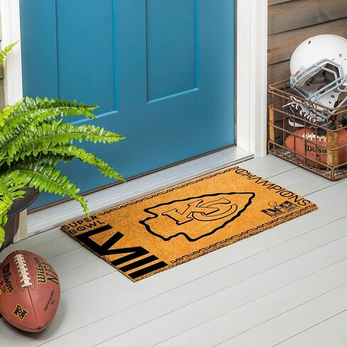 Team Sports America NFL Kansas City Chiefs Superbowl 58 Championship Natural Coir Promat | 28 × 16 بوصة | غير الانزلاق | الباب الأمامي ترحيب الحصير | ديكور المنزل الداخلي في الهواء الطلق in Kuwait