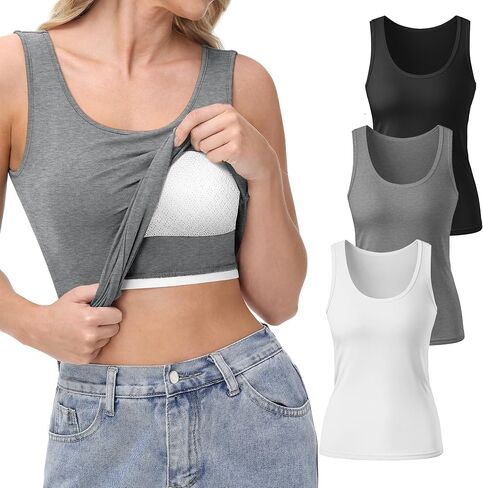 Neer 3 Pack Women's Tank Top with Built in Bra Scoop Neck Workout Yoga Cotton Camisole Shelf Bra Wide Strap Basic Undershirt(Black, White, Haze Blue,Small) in Saudi Arabia