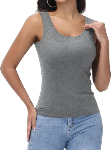 Neer 3 Pack Women's Tank Top with Built in Bra Scoop Neck Workout Yoga Cotton Camisole Shelf Bra Wide Strap Basic Undershirt(Black, White, Haze Blue,Small) in Saudi Arabia