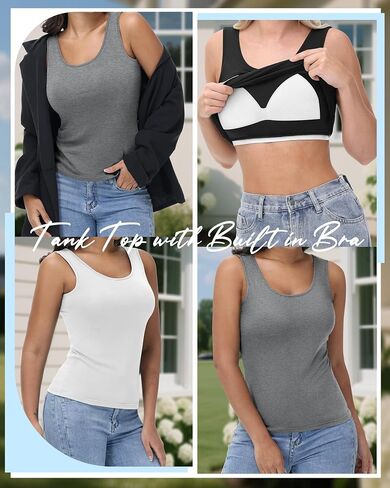 Neer 3 Pack Women's Tank Top with Built in Bra Scoop Neck Workout Yoga Cotton Camisole Shelf Bra Wide Strap Basic Undershirt(Black, White, Haze Blue,Small) in Saudi Arabia