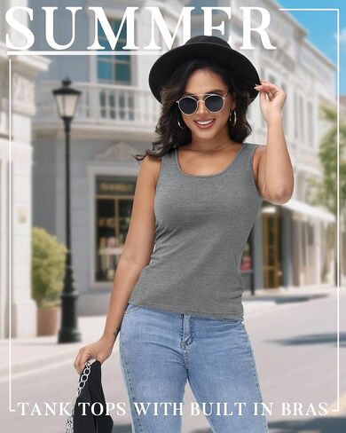 Neer 3 Pack Women's Tank Top with Built in Bra Scoop Neck Workout Yoga Cotton Camisole Shelf Bra Wide Strap Basic Undershirt(Black, White, Haze Blue,Small) in Saudi Arabia