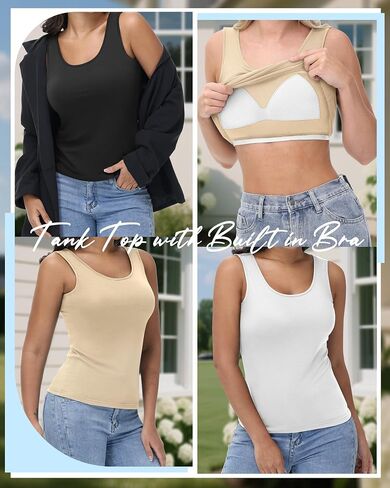 Neer 3 Pack Women's Tank Top with Built in Bra Scoop Neck Workout Yoga Cotton Camisole Shelf Bra Wide Strap Basic Undershirt(Black, White, Haze Blue,Small) in Saudi Arabia
