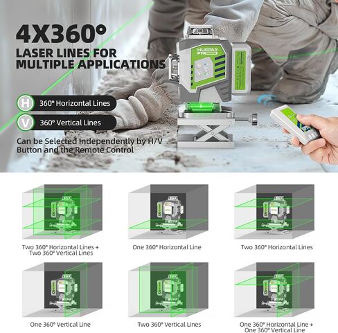 Laser Level, Huepar Pro Self Leveling 4 x 360° Green Cross Line Laser Level Tool, High Accuracy 4D Level Laser for Construction, 8000mAh Rechargeable Li-ion Battery, Remote Controller&Hard Carry Case in Saudi Arabia