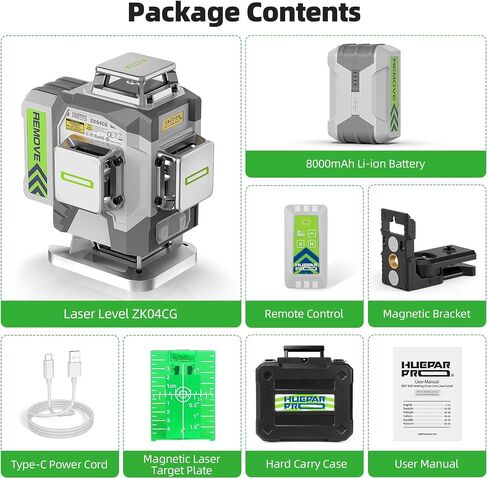 Laser Level, Huepar Pro Self Leveling 4 x 360° Green Cross Line Laser Level Tool, High Accuracy 4D Level Laser for Construction, 8000mAh Rechargeable Li-ion Battery, Remote Controller&Hard Carry Case in Saudi Arabia