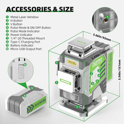 Laser Level, Huepar Pro Self Leveling 4 x 360° Green Cross Line Laser Level Tool, High Accuracy 4D Level Laser for Construction, 8000mAh Rechargeable Li-ion Battery, Remote Controller&Hard Carry Case in Saudi Arabia