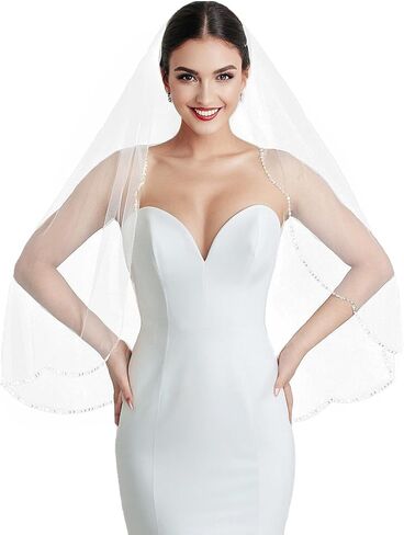 Wedding Veil 1 Tier Elegant Crystals Beaded Edge Bridal Veil Soft Tulle Fingertip Length in Saudi Arabia