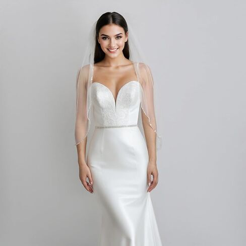 Wedding Veil 1 Tier Elegant Crystals Beaded Edge Bridal Veil Soft Tulle Fingertip Length in Saudi Arabia