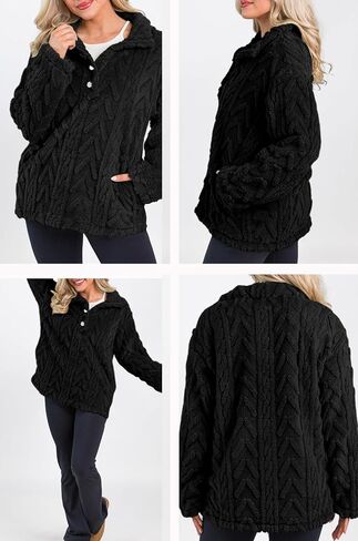 BLENCOT Womens Casual Button Collar Warm Sherpa Pullover Cable Fleece Sweatshirt Long Sleeve Tops Coat with Pockets in Saudi Arabia