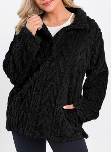 BLENCOT Womens Casual Button Collar Warm Sherpa Pullover Cable Fleece Sweatshirt Long Sleeve Tops Coat with Pockets in Saudi Arabia