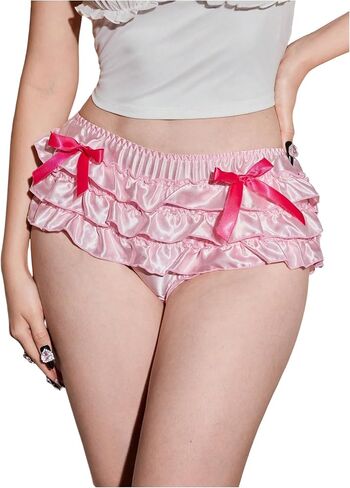 Women's Cute Lace Bow Knot Ruffle Brief Soft Layered Satin Underwear in Saudi Arabia