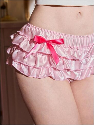 Women's Cute Lace Bow Knot Ruffle Brief Soft Layered Satin Underwear in Saudi Arabia